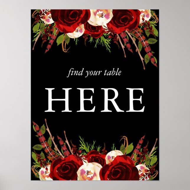Póster Black Burgundy Floral Boho encuentra su mesa aquí (Frente)