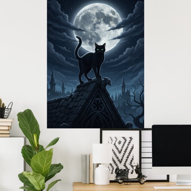 Póster Black Cat and Moon Poster (Oficina en casa)