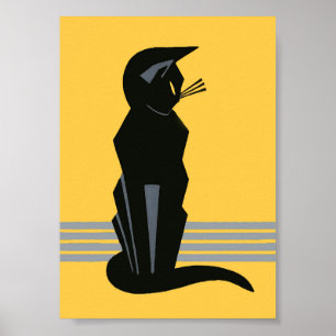 Póster Black Cat Art Deco Poster de animales de época