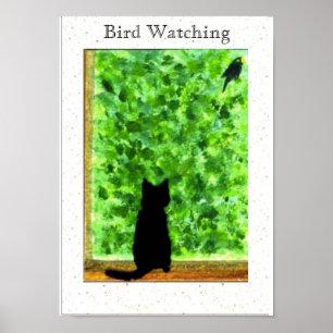 Póster Black Cat Bird Watchdog Fun Animal Art