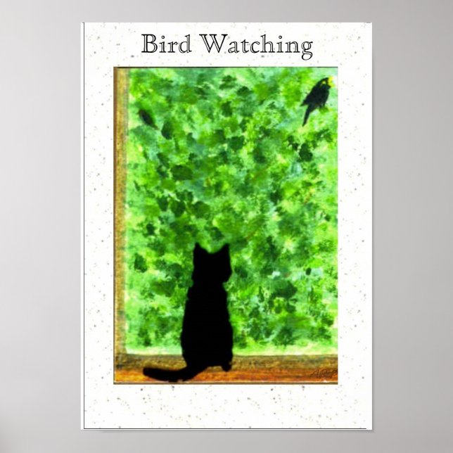 Póster Black Cat Bird Watchdog Fun Animal Art (Frente)