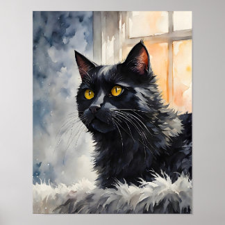 Póster Black Cat by Window Art Print Cozy Feline Wall Art