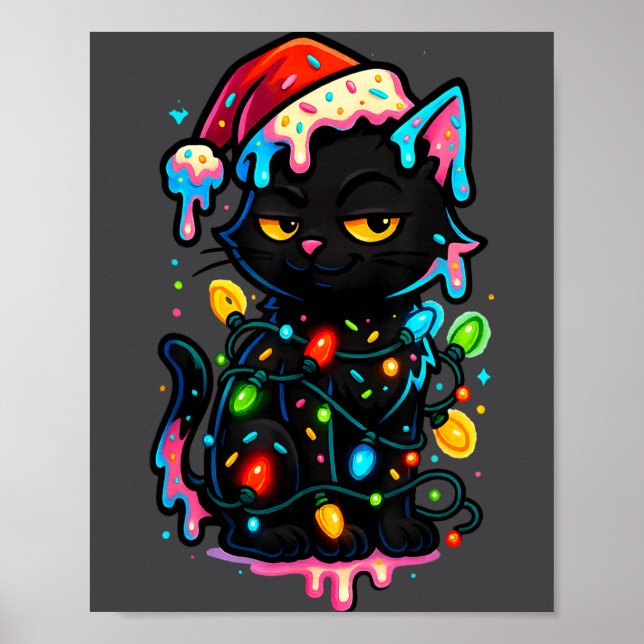 Póster Black Cat Christmas Ice Cream Drip Santa Hat Cute  (Frente)