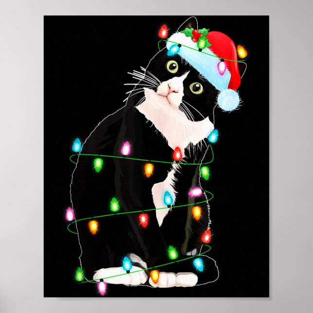 Póster Black Cat Christmas Lights Funny Santa Hat Black C (Frente)