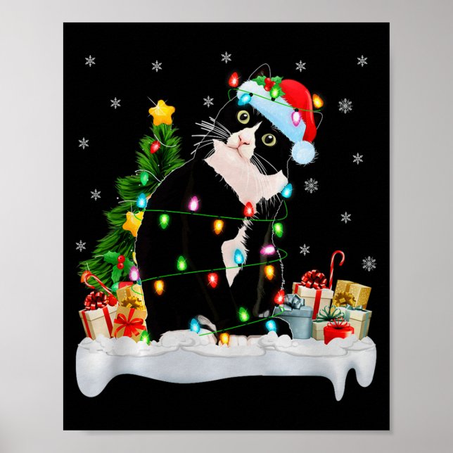 Póster Black Cat Christmas Lights Santa Hat Black Cat Lov (Frente)