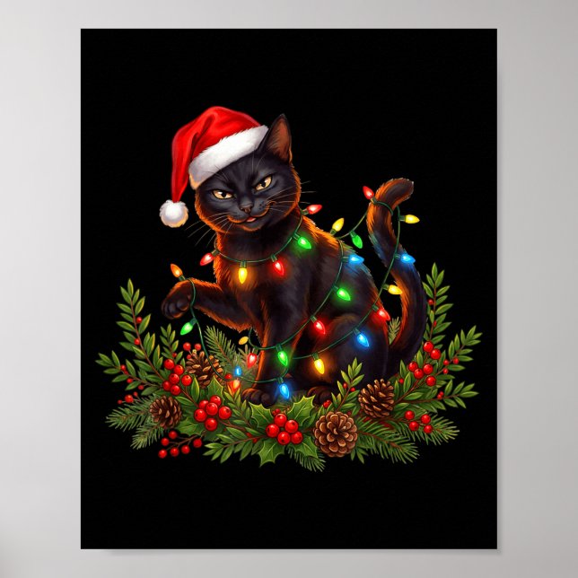 Póster Black Cat Christmas Santa Hat Funny Meowy Cats Wom (Frente)