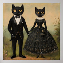 Black cat couple vintage folk art gothic victorian