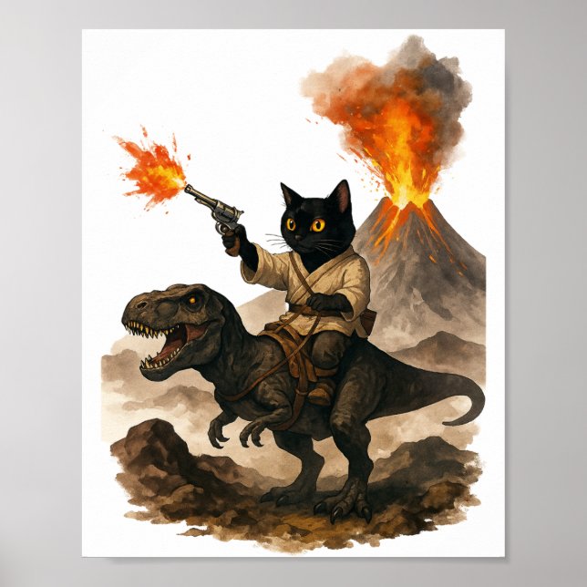 Póster Black Cat Cowboy Riding Dinosaur – Watercolor Ink  (Frente)