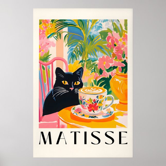 Póster Black Cat Drinking Coffee Funny Matisse Style (Frente)
