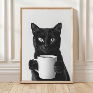 Póster Black Cat Drinking Coffee Wall Art, Black and Whit
