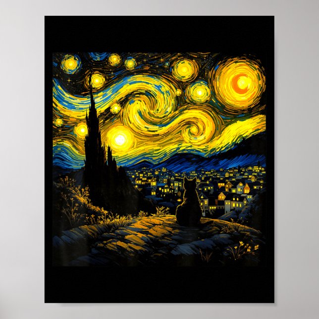 Póster Black Cat Funny Cat Lover Mom Daddy Starry Night V (Frente)