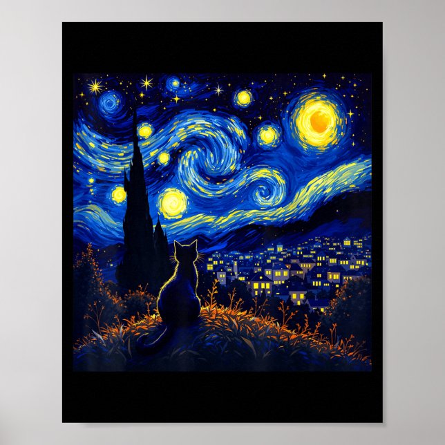 Póster Black Cat Funny Cat Lover Mom Daddy Starry Night V (Frente)