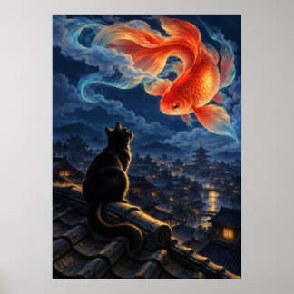 Póster Black Cat Goldfish Japanese Fantasy Art Poster