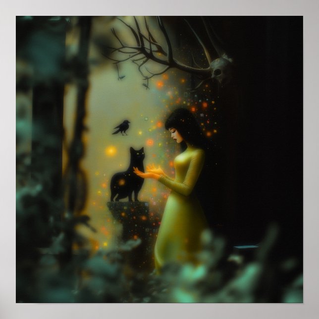 Póster Black Cat Green Forest Witchy AI Art Matte Value (Frente)