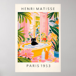 Póster Black Cat in Bathtub Print Matisse Style Bathroom