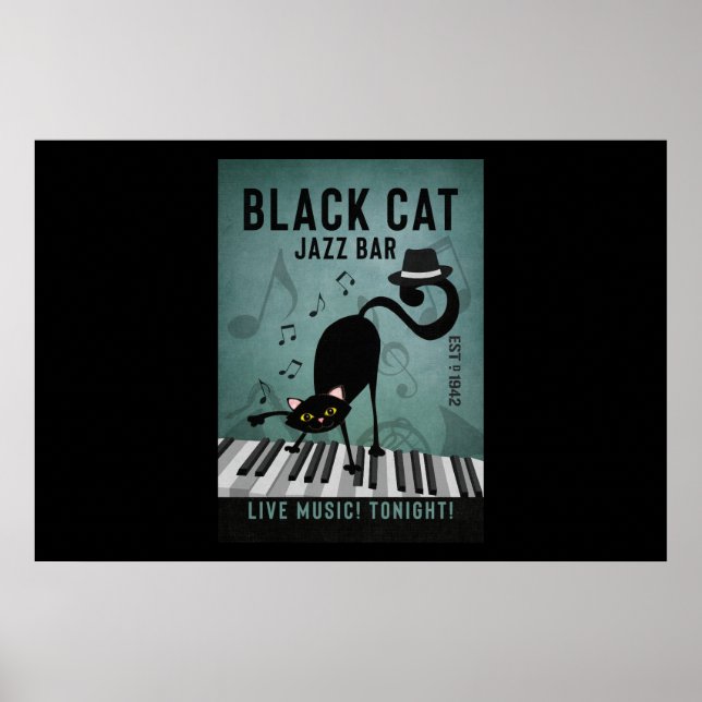 Póster Black Cat Jazz Bar Funny Black Cat Jugando Piano (Frente)