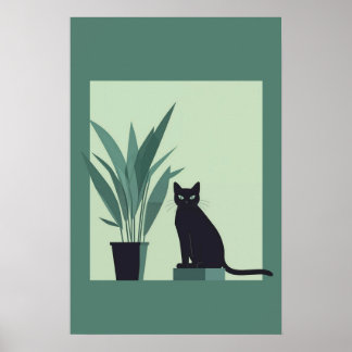 Póster Black Cat Minimalist Wall Art Modern Green Botanic