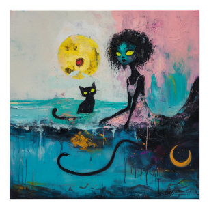 Póster Black Cat Moon Magical Witchy AI Art Matte Value