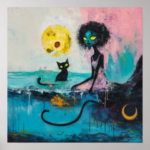 Póster Black Cat Moon Magical Witchy AI Art Semi-Gloss