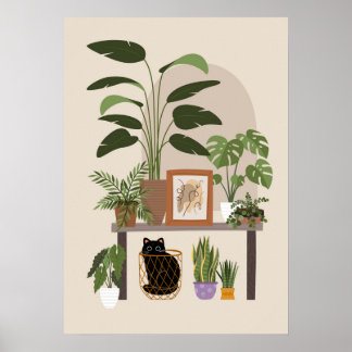 Póster Black Cat Plant Lover Cozy Home Aesthetic Modern 