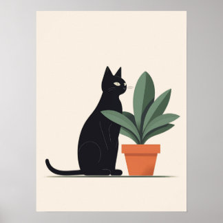 Póster Black Cat Plant Wall Art Minimalist Cat Poster Mod