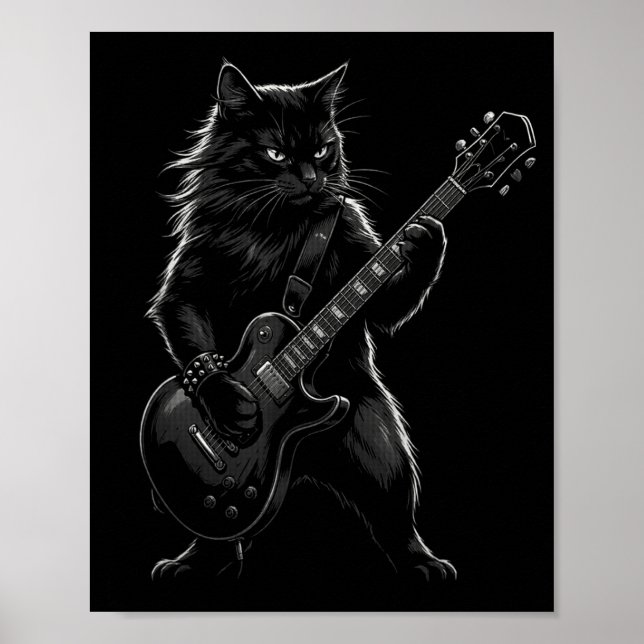 Póster Black Cat Playing Electric Guitar Gothic Rocker  (Frente)