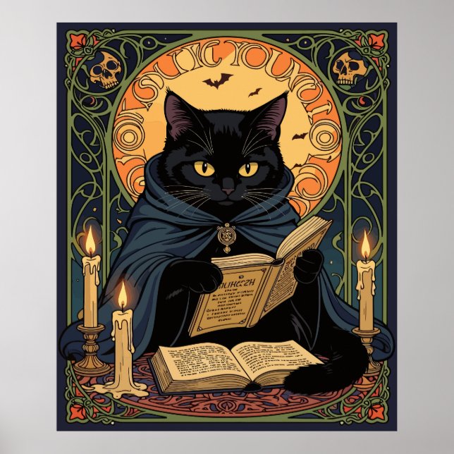 Póster Black Cat Reading A Book Of Solstice Spells (Frente)