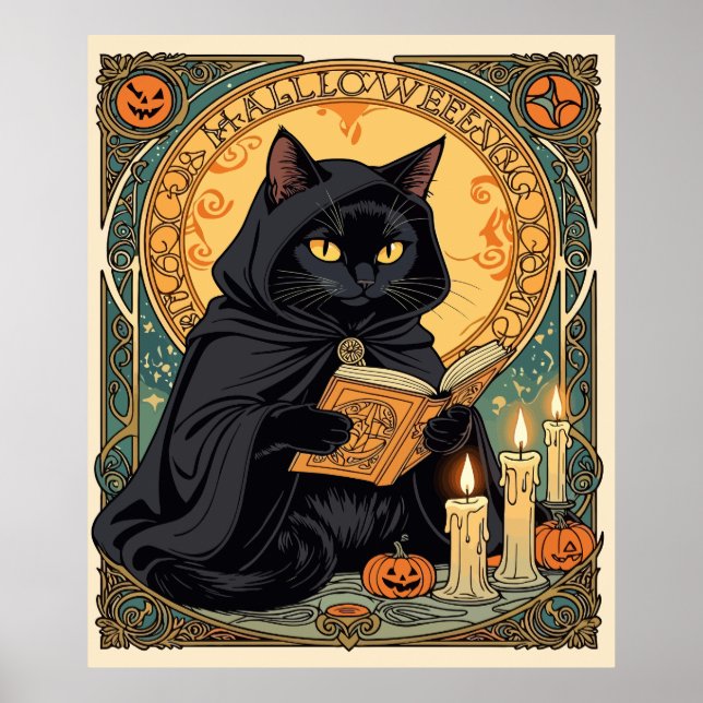 Póster Black Cat Reading The Jack o lantern Journal (Frente)