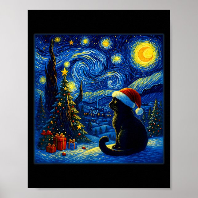 Póster Black Cat Santa Hat Van Gogh Starry Night Christma (Frente)
