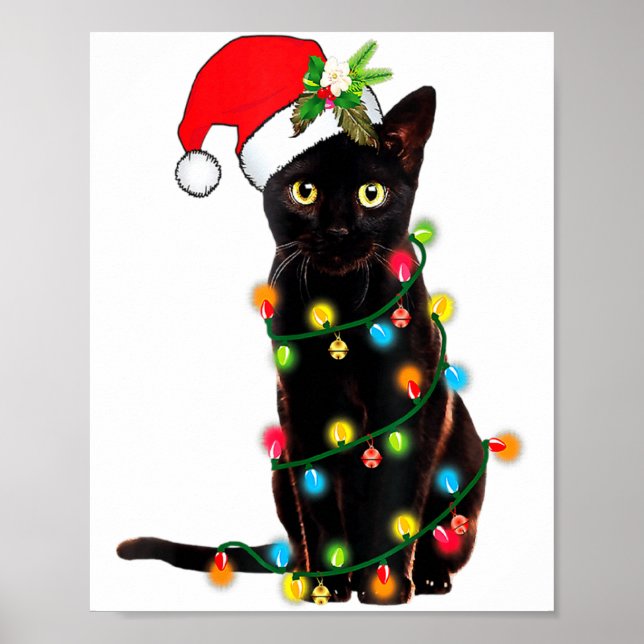 Póster Black Cat Santa Tangled Up In Christmas Lights _1  (Frente)