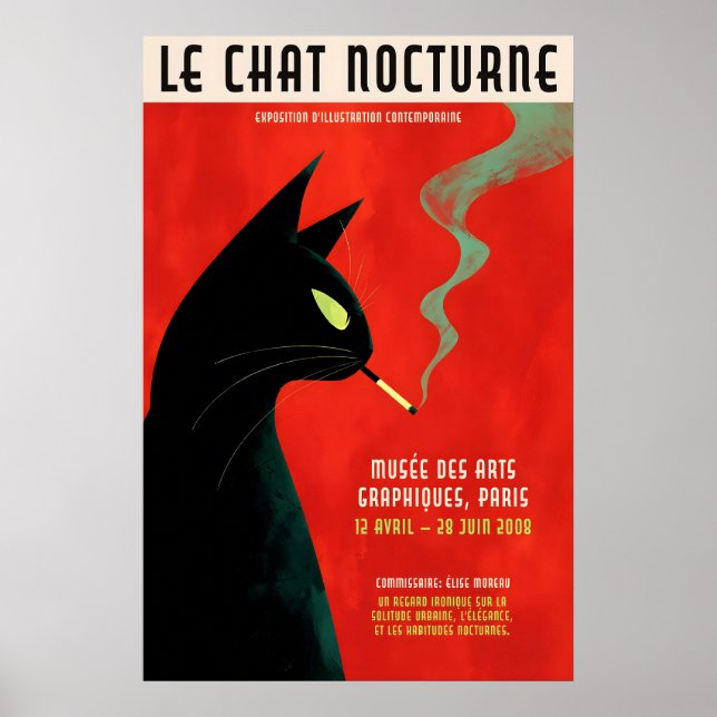 Póster Black Cat Smoking Poster - Retro French Exhibition (Frente)
