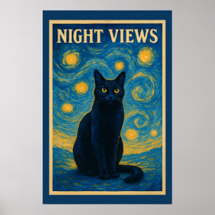 Póster Black Cat Starry Night Van Gogh