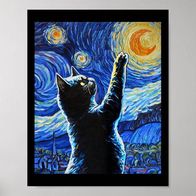 Póster Black Cat Starry Night Vincent Van Gogh Halloween (Frente)