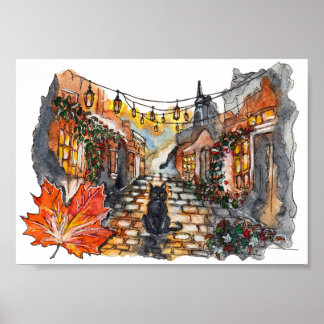 Póster Black Cat Village Road Halloween Watercolor