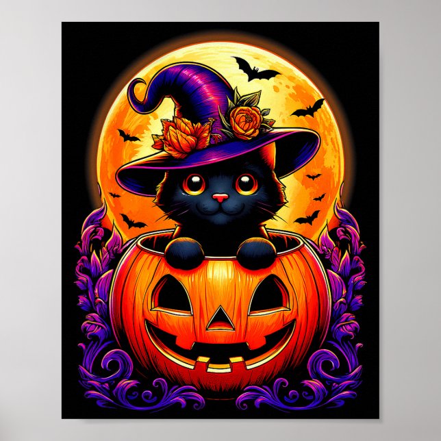Póster Black Cat Witch Hat Pumpkin Funny Halloween Men Wo (Frente)