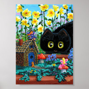 Póster Black Cats Fairy Garden Flores Creationarts