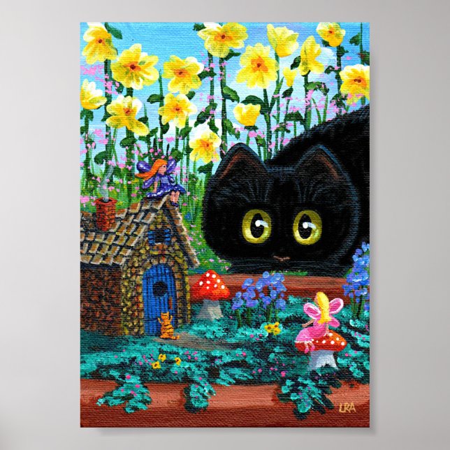 Póster Black Cats Fairy Garden Flores Creationarts (Frente)