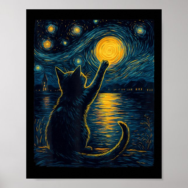 Póster Black Cats Lover Starry Night Vincent Van Gogh  (Frente)