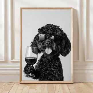 Póster Black Cockapoo Drinking Wine Wall Art, Black and