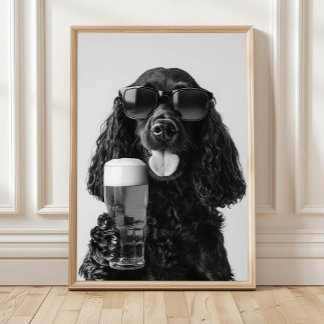 Póster Black Cocker Spaniel Drinking Beer Wall Art, Black