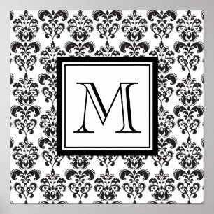 Póster Black Damask Pattern 2 with Your Monogram