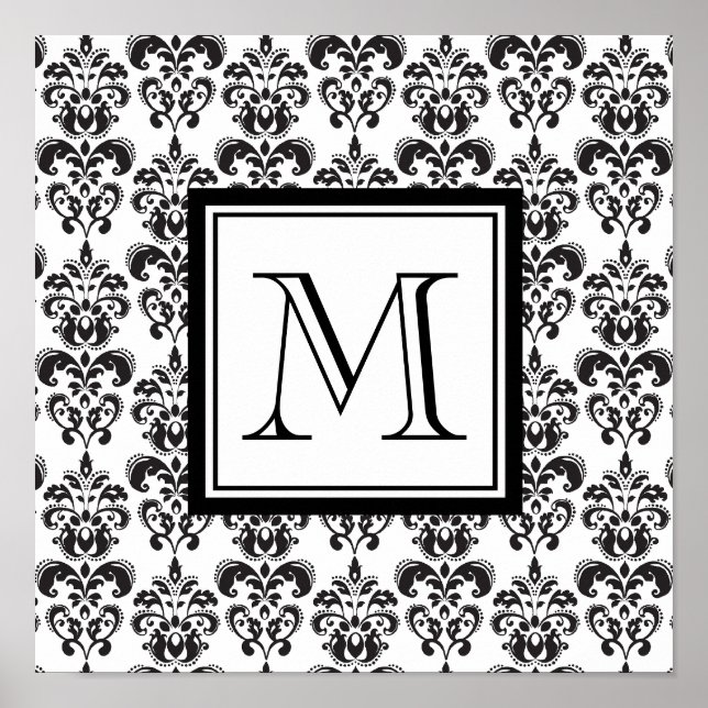 Póster Black Damask Pattern 2 with Your Monogram (Frente)