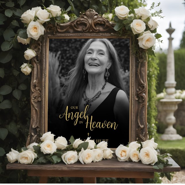 Póster Black Faux Golden Luxurious Chic Photo Funeral (Black Faux Golden Luxurious Chic Photo Funeral Poster.)