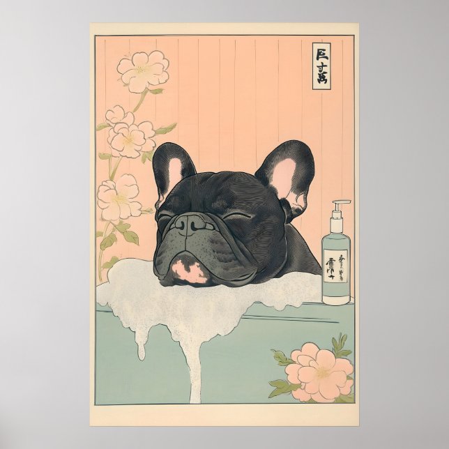 Póster Black French Bulldog Bathroom Print Japandi (Frente)