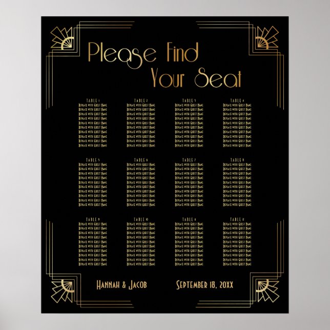 Póster Black & Gold Art Deco 12 Tables Seating Chart (Frente)