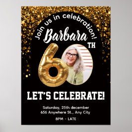 Póster Black Gold Confetti Birthday Invite 60th
