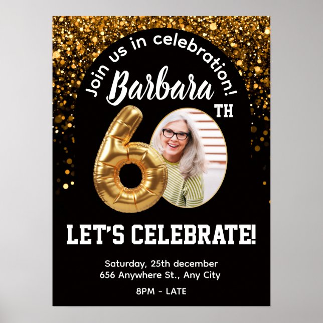 Póster Black Gold Confetti Birthday Invite 60th (Frente)