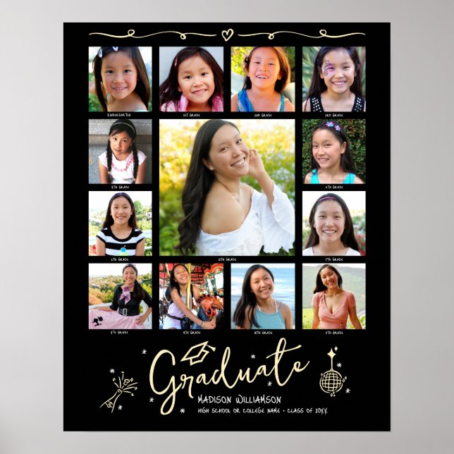 Póster Black Gold Graduation K–12 Photo Collage Doodles (Frente)