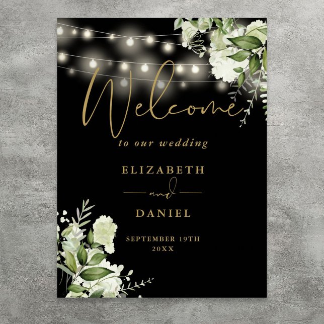 Póster Black Gold String ilumina la bienvenida del Boda f (Black Gold String Lights Floral Wedding Welcome Poster)