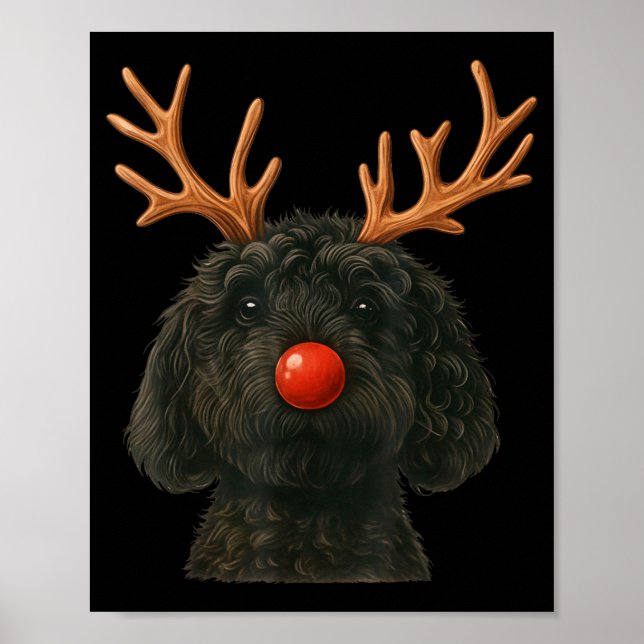 Póster Black Goldendoodle Christmas Lights Santa Hat Blac (Frente)